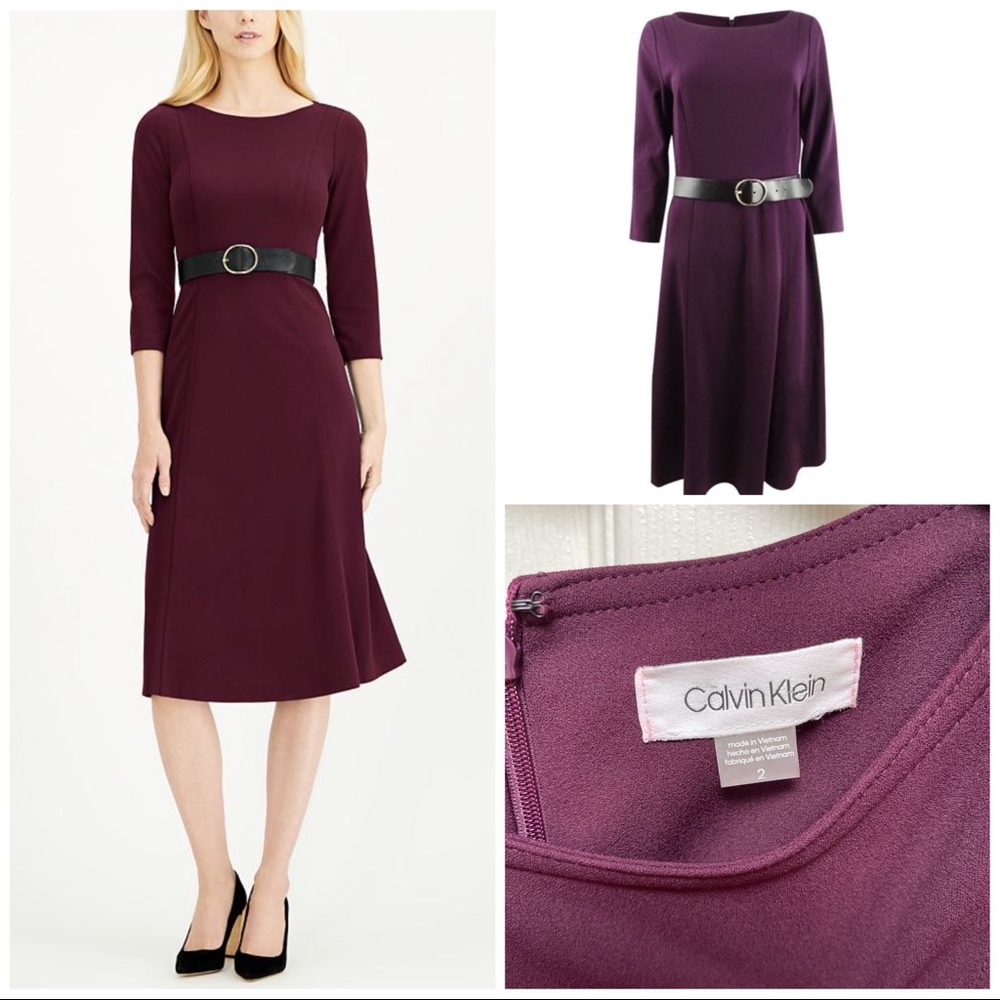 Calvin Klein Women's 3/4-Sleeve Belted Midi Dress